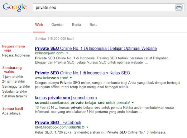 Hasil Pencarian Kata Kunci Private SEO di Google