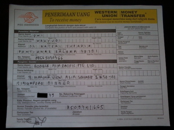 Form Penarikan Dana Wester Union
