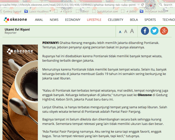 Screenshot Cache Artikel OkeZone Berjudul Alasan Gaitsha Kenang Tak Suka Pontianak