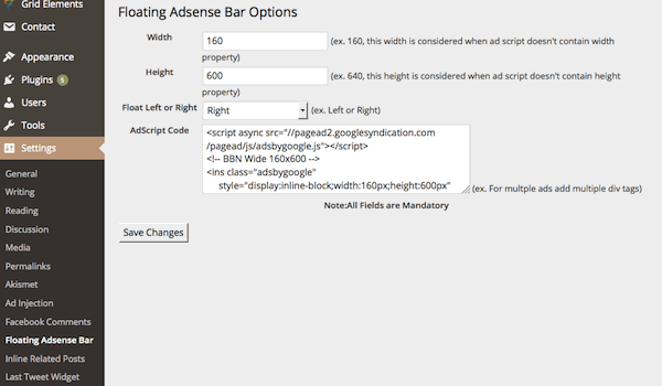 Floating Adsense Bar Setting