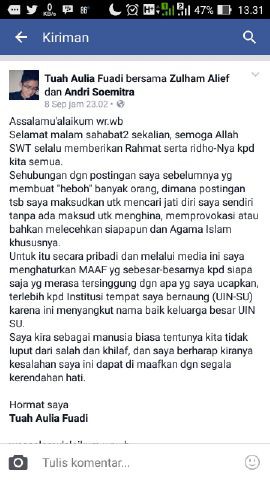 Mengaku Aktivis HMI, Mahasiswa UIN Sumut Ini Lecehkan Islam 16 Status Permohonan Maaf Tuah Aulia Fuadi