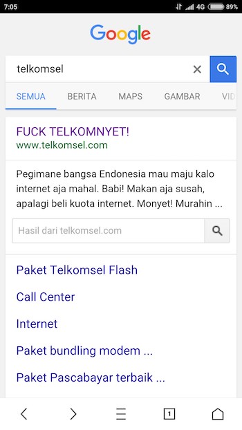 Tampilan Google Search Telkomsel