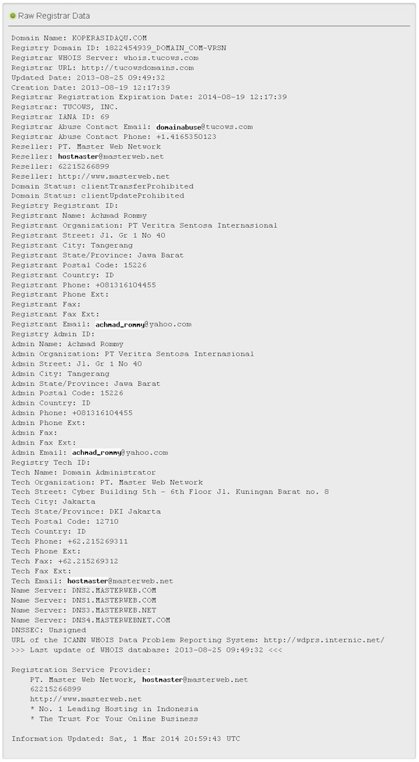 Tampilan Data Kepemilikan Domain Koperasi Daqu