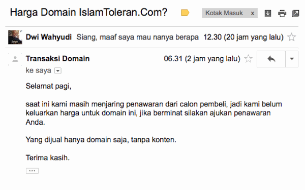 Email Penawaran Harga Domain Islam Toleran