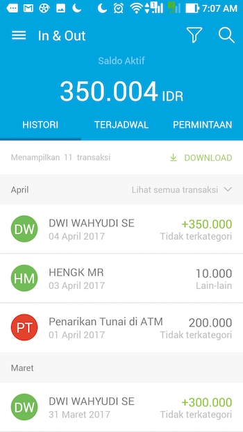 Aplikasi Jenius BTPN - Historis Transaksi